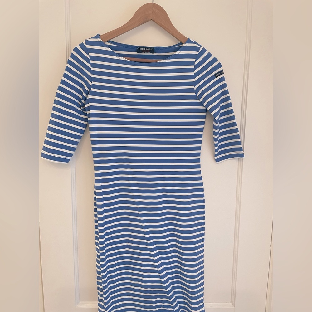 Saint James Womens Striped 3/4 Sleeve Dress - Blue and white striped - Size 4